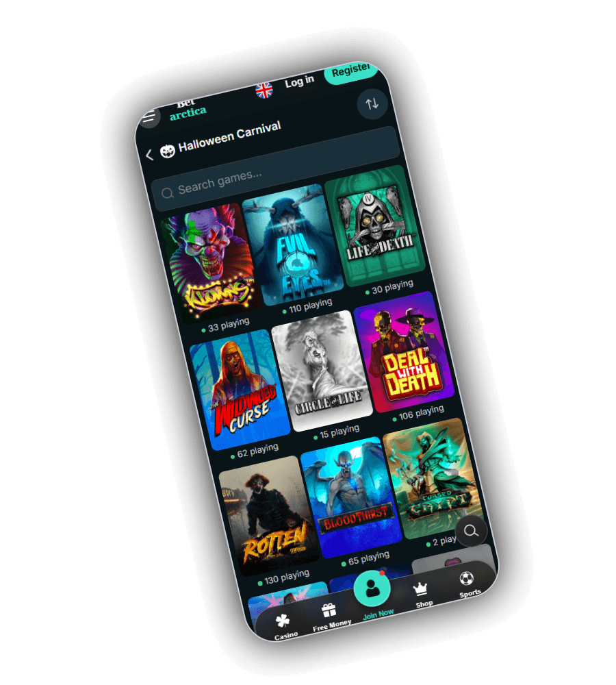 Categorie Halloween Carnival van Betarctica op een telefoon met een zoekveld Search games en een raster met Klowns, Evil Eyes, Life and Death, The Wildwood Curse, Circle of Life, Deal with Death, Rotten, Bloodthirst en Cursed Crypt, elk met een spelersteller