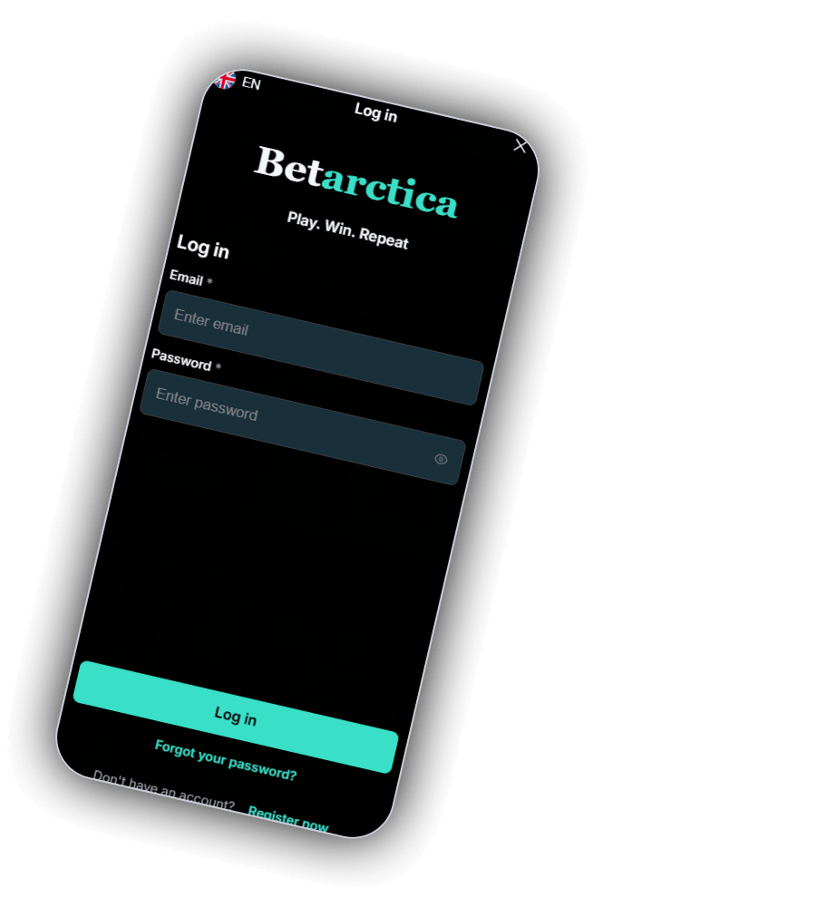 Inlogscherm van Betarctica op een telefoon met de taalvlag EN, het logo van Betarctica, de regel Play. Win. Repeat, velden voor Email en Password, een mintgroene knop Log in, een link Forgot your password? en een link Register now