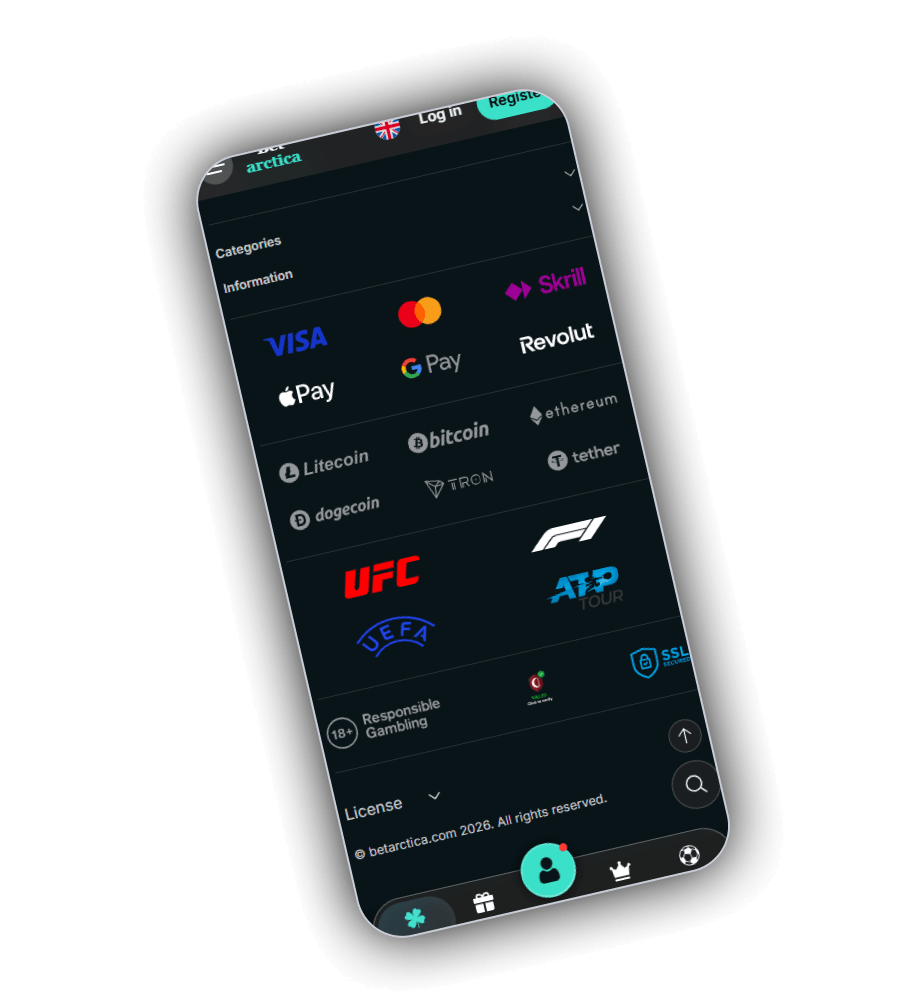 Footer van Betarctica op een telefoon met betaallogo's van Visa, Mastercard, Skrill, Apple Pay, Google Pay en Revolut, cryptologo's van Litecoin, Bitcoin, Ethereum, Dogecoin, Tron en Tether, sportlogo's van UFC, F1, UEFA en de ATP Tour, een badge 18+ Responsible Gambling en de regel betarctica.com 2026