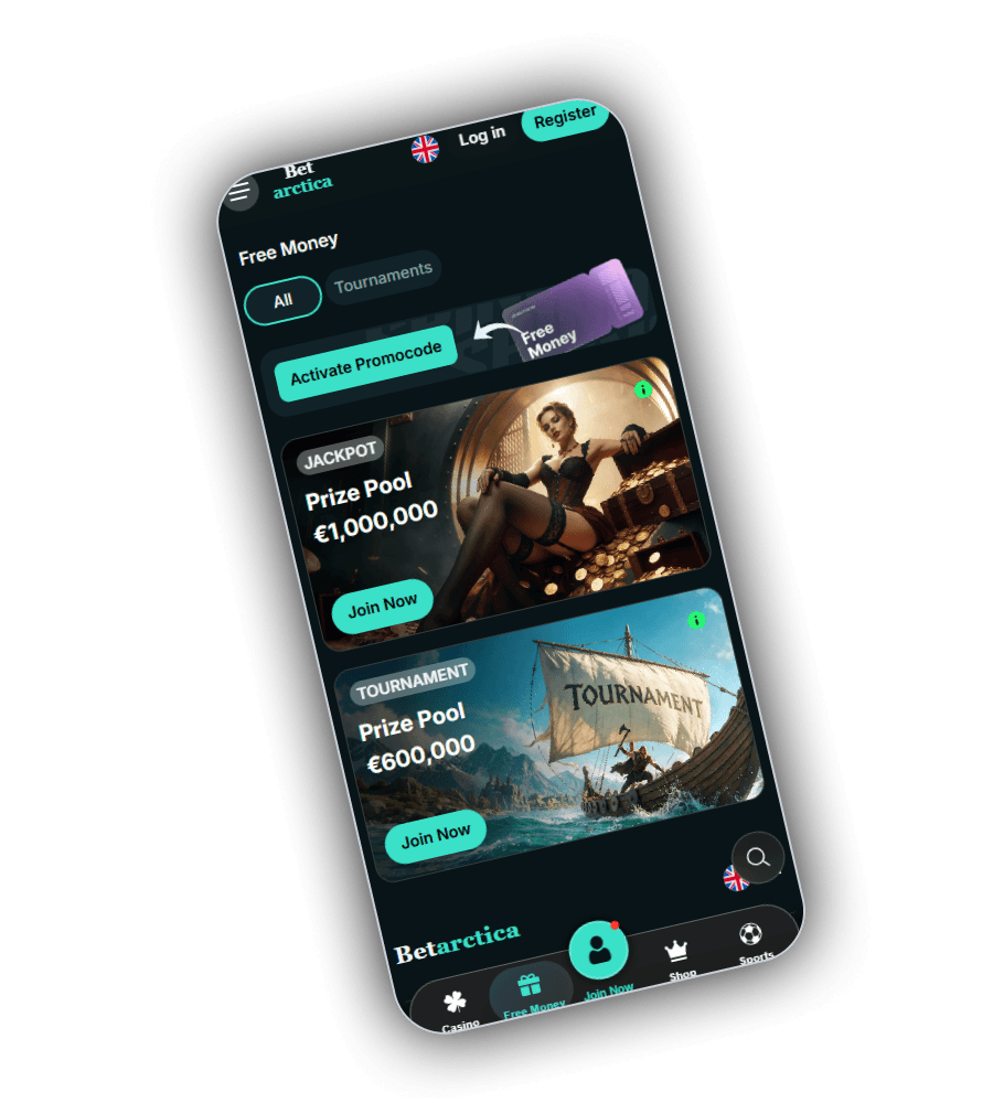 Free Money-pagina van Betarctica op een telefoon met de filters All en Tournaments, een knop Activate Promocode naast een Free Money-ticket, een JACKPOT-kaart met een prijzenpot van €1.000.000 en een TOURNAMENT-kaart met een prijzenpot van €600.000, elk met een knop Join Now