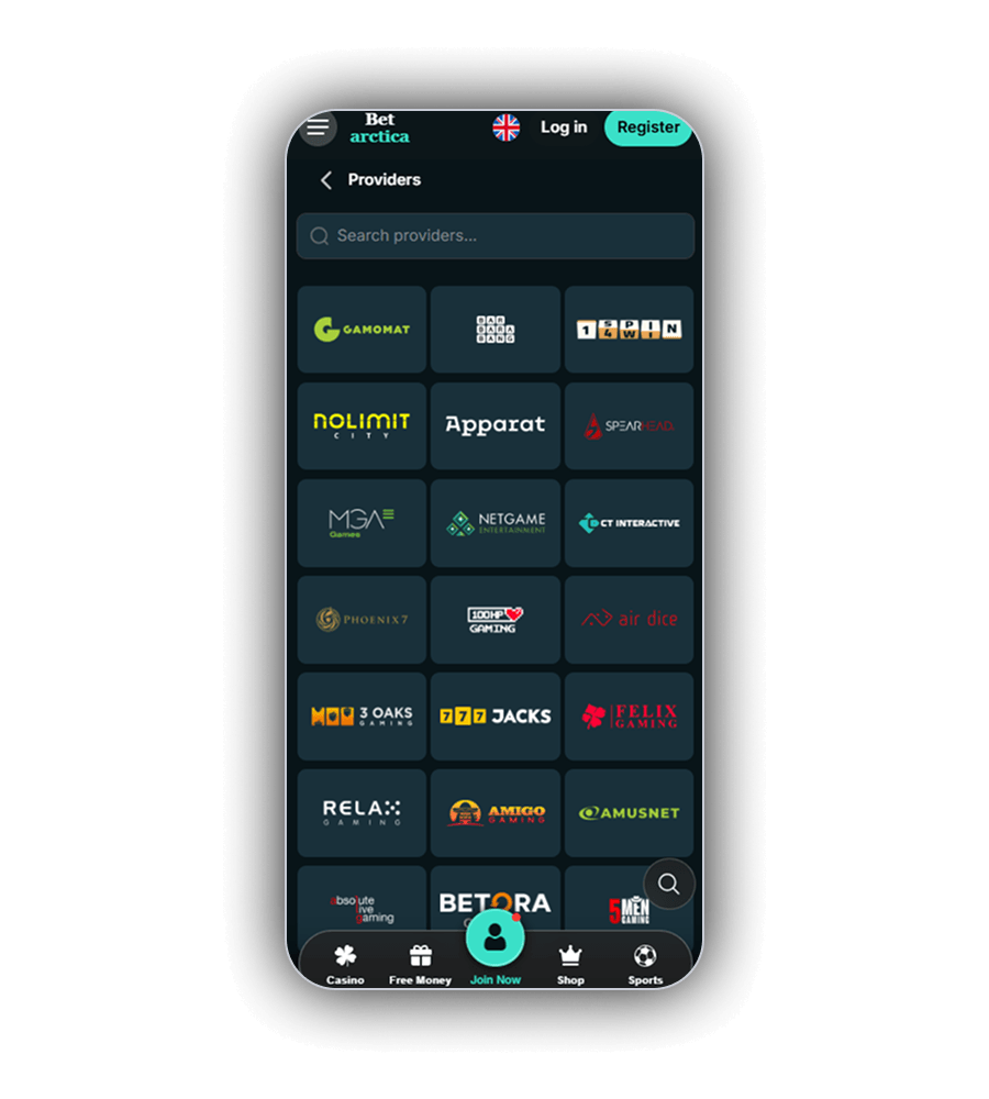 Providers-pagina van Betarctica op een telefoon met een zoekveld Search providers en logotegels van Gamomat, Barbara Bang, 1spin4win, Nolimit City, Apparat, Spearhead, MGA Games, Netgame, CT Interactive, Phoenix7, 100HP Gaming, Air Dice, 3 Oaks, 777 Jacks, Felix Gaming, Relax, Amigo, Amusnet, Absolute Live Gaming, Betora en 5Men