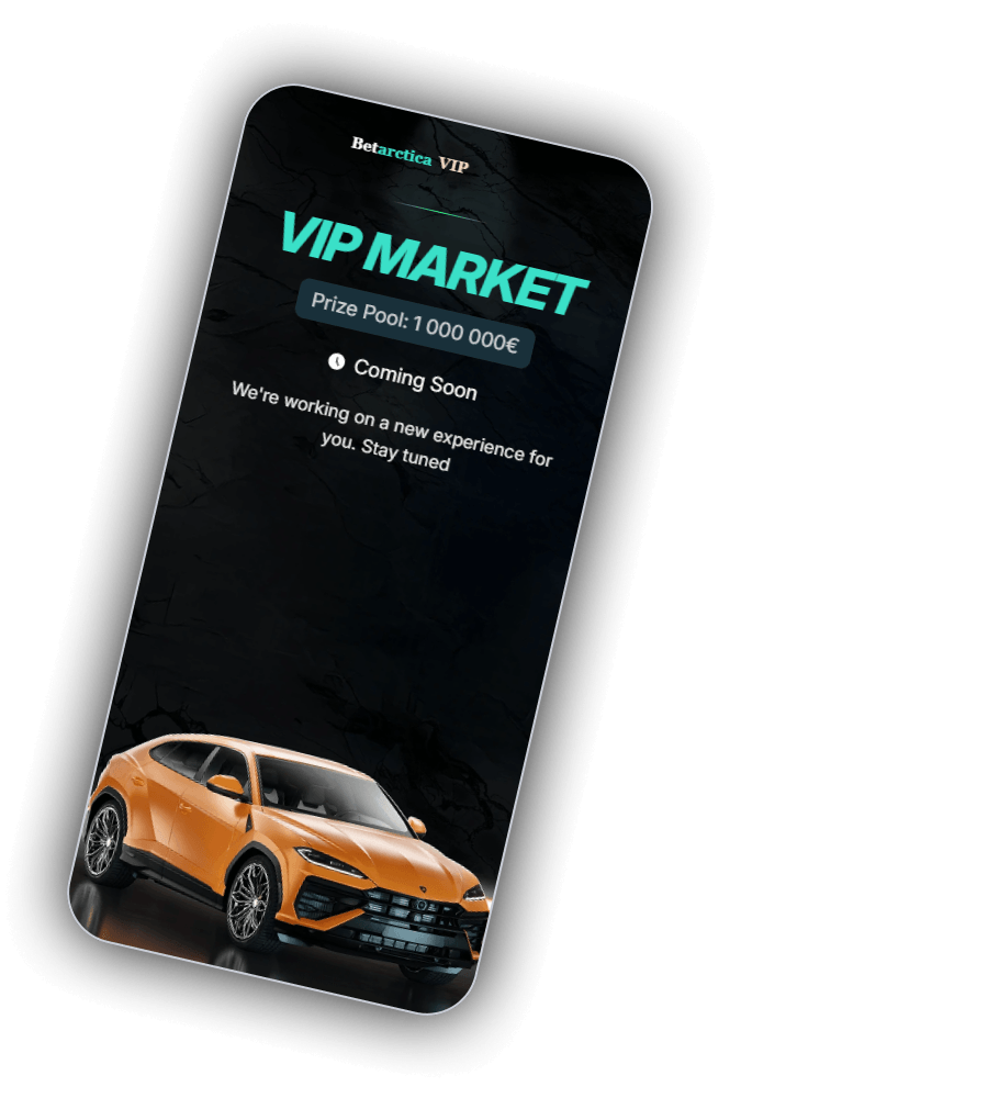 VIP Market van Betarctica op een telefoon met het logo Betarctica VIP, de kop VIP MARKET, een prijzenpot van 1.000.000 euro en een oranje Lamborghini Urus onderaan het scherm